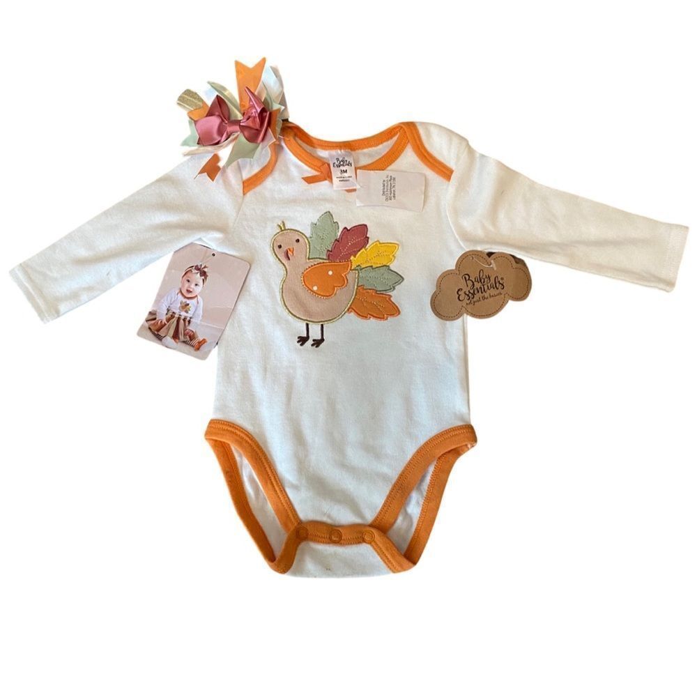 NWT Infant Baby Essentials Turkey Print Onesie with headband Size 3M